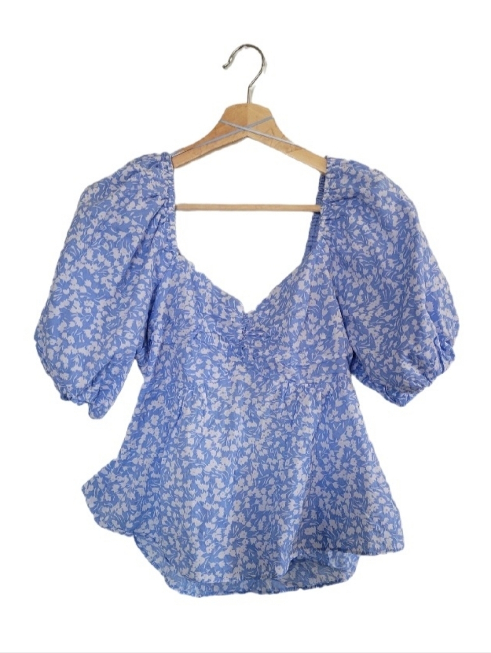 FREE THE ROSES Blue Floral Puff-Sleeve Sweetheart Blouse Size M Open Back - Picture 2 of 12
